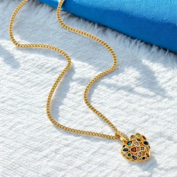 🆕️18K Gold Plated Rhinestone Heart Charm Necklace - Colorful Statement Piece✨ - Picture 4 of 14